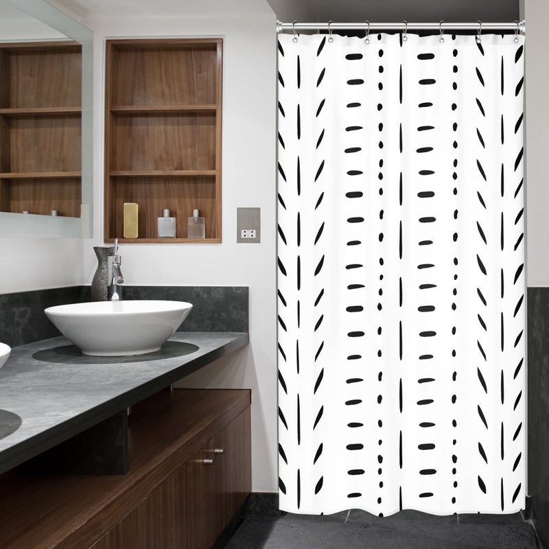 ريديكور Riyidecor Boho أبيض أسود كشك صغير نصف حجم ستارة دش النوم 36x72 بوصة مخطط هندسي شيفرون متعرجة واحدة ضيقة صغيرة المشي الوقوف ديكور النسيج مجموعة الحمام البوليستر مقاوم للماء - Image 4